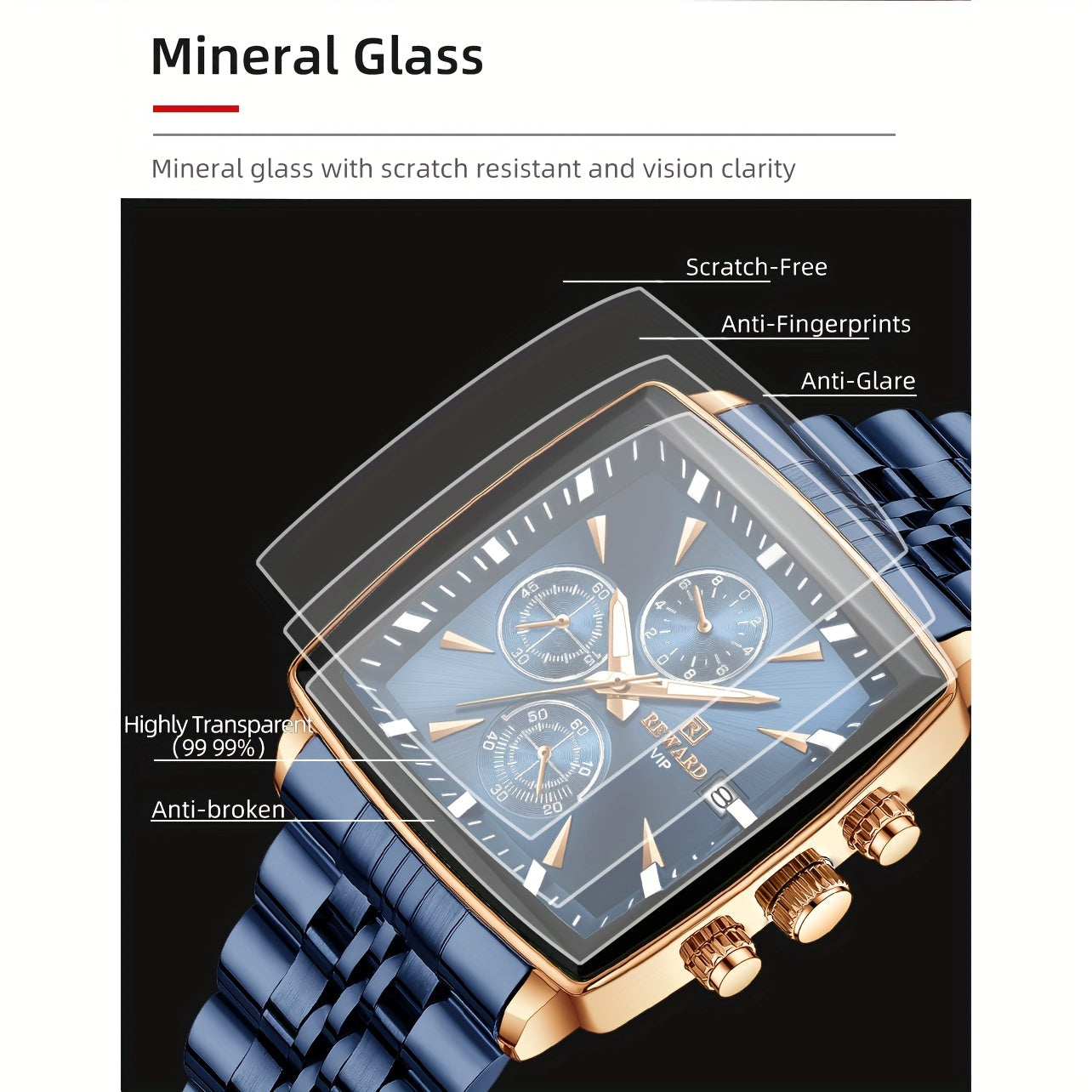 Montre à quartz rectangulaire de luxe