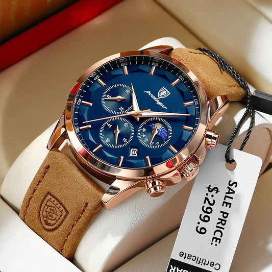 POEDAGAR Montre Homme Cuir Véritable Mode Calendrier Lumineux Chronomètre Homme Horloge Étanche Phase de Lune Quartz Montre-Bracelet Homme