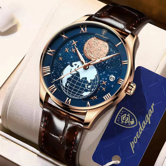 POEDAGAR – Montre lumineuse de luxe pour homme, étanche, ultra fine, à quartz, avec calendrier, en cuir véritable