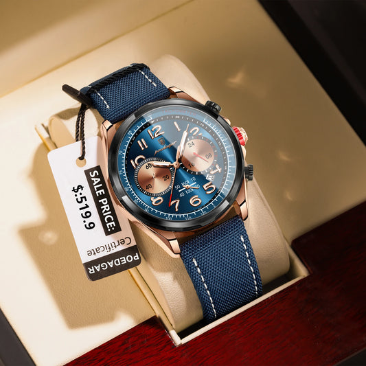 POEDAGAR Montre de luxe pour homme, bracelet en cuir et nylon, étanche, lumineuse, chronographe, date, avec boîte