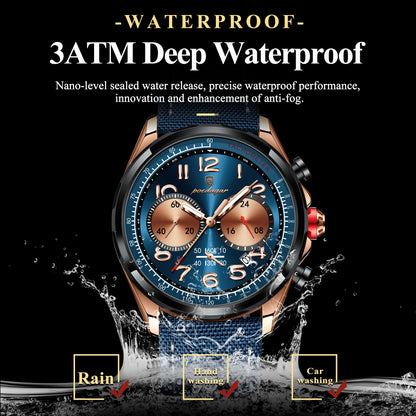 POEDAGAR Luxusuhr Herren Quarz Nylon Lederarmband Herren Armbanduhr Wasserdicht Leucht Chronograph Datum Herrenuhren Reloj + Box