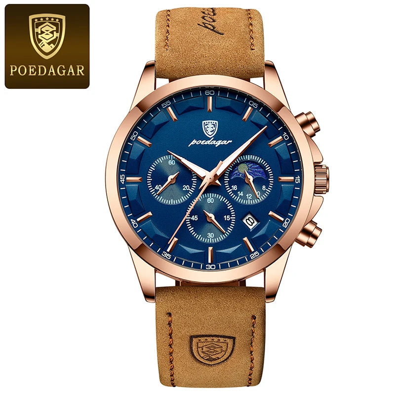 POEDAGAR Genuine Leather Men's Watch Fashion Luminous Calendar Stopwatch Male Clock Waterproof Moon Phase Quartz Wristwatch Man