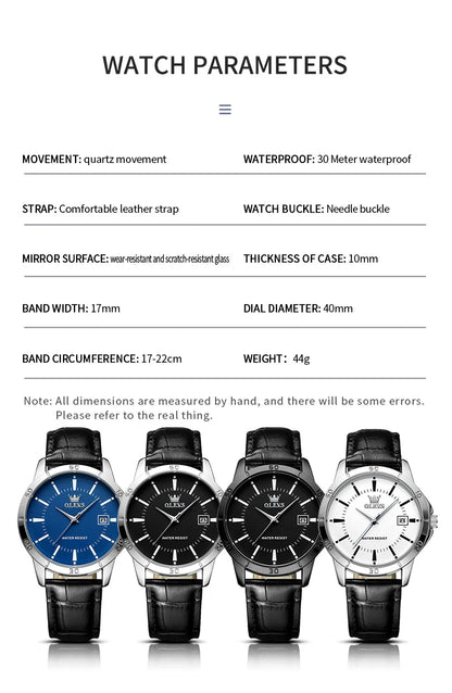OLEVS Herrenuhr, modisch, Lederarmband, wasserdicht, Quarzuhr für Herren, schlichter Kalender, Herren-Armbanduhr, exklusiv, neu
